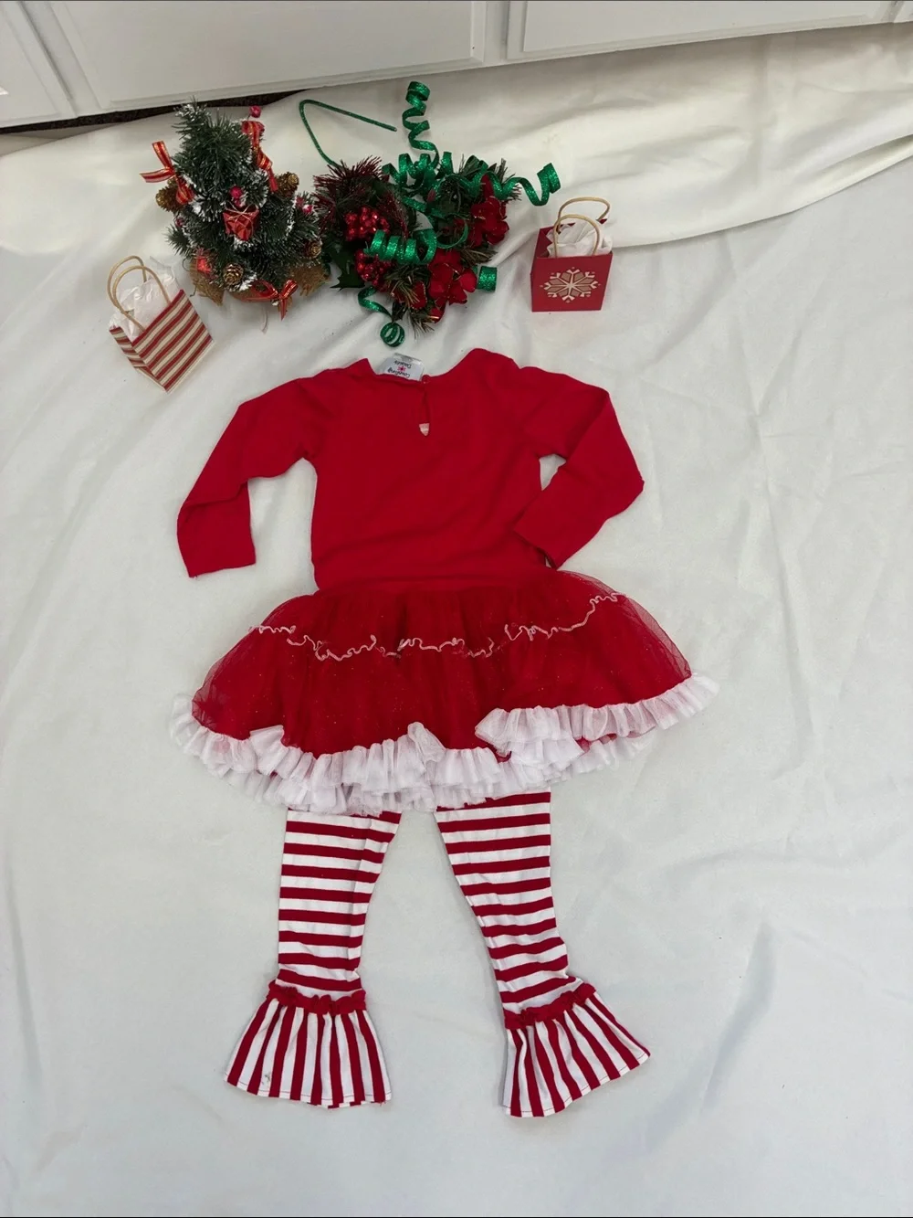 Kids Red Santa Tutu Dress with Striped Leggings